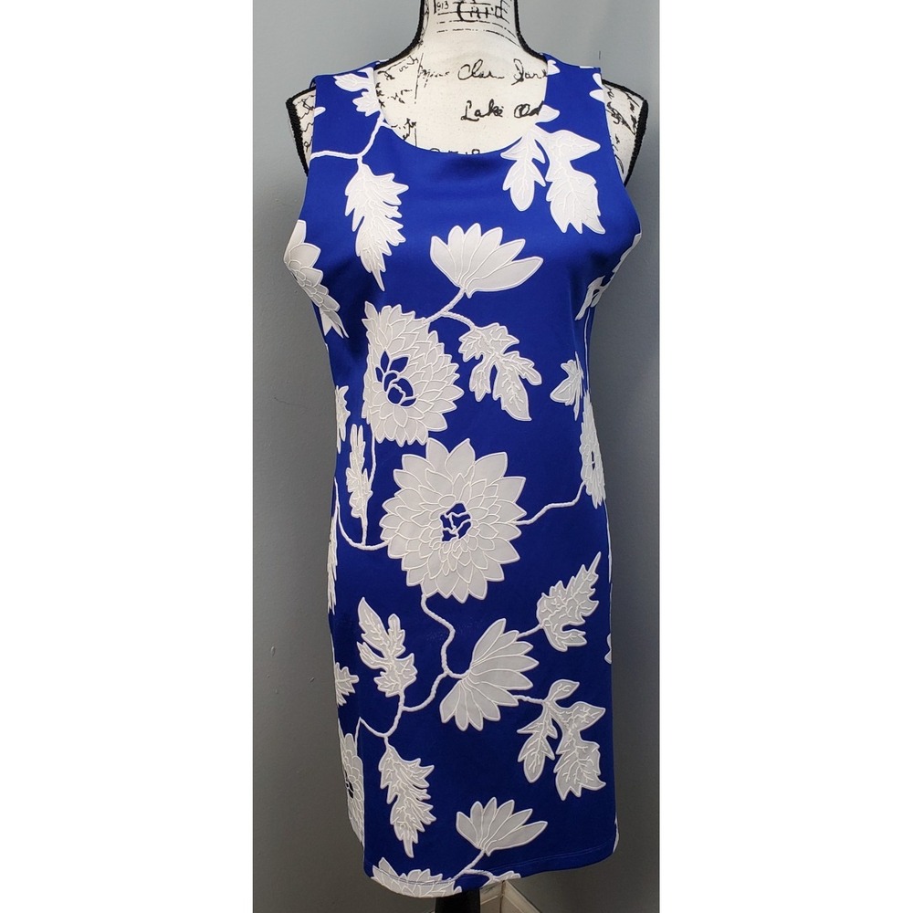 Ronni Nicole Shift Dress Women 10P Blue White Floral Classic Wide Strap Back Zip